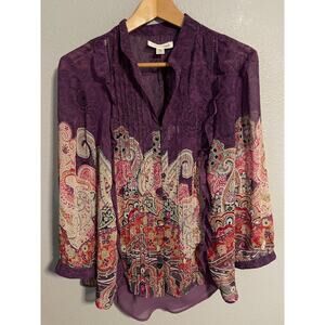 Coldwater Creek Blouse Womens 1X Purple Paisley Sheer Lined Boho Peasant Top